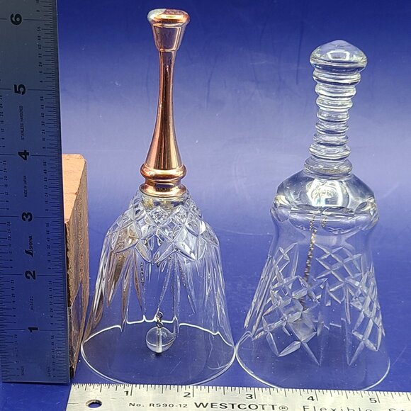 Pair Vintage Crystal Glass Hand Table Bells Unknown Makers 6.5" and 5.5" High - Picture 10 of 10